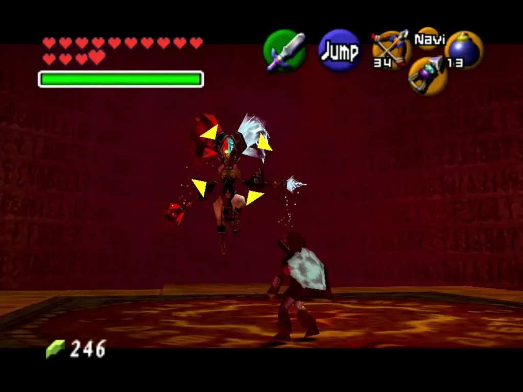 Link raising the Mirror Shield toward Twinrova hovering in the lava arena