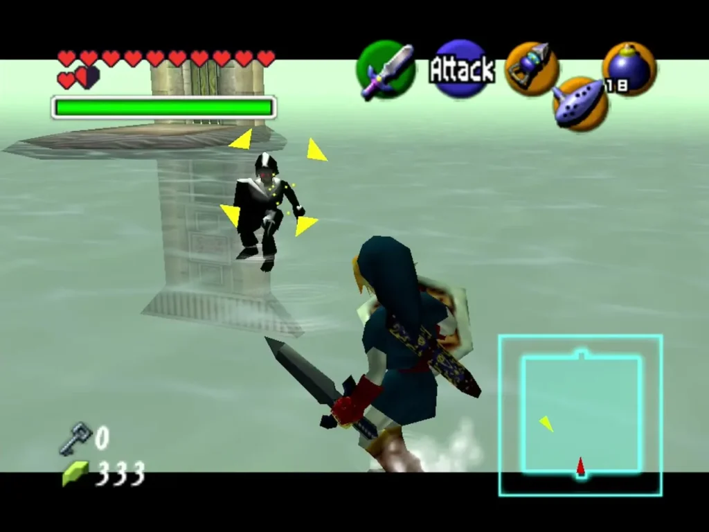 Link slashing at Dark Link beside a stone tower in the arena