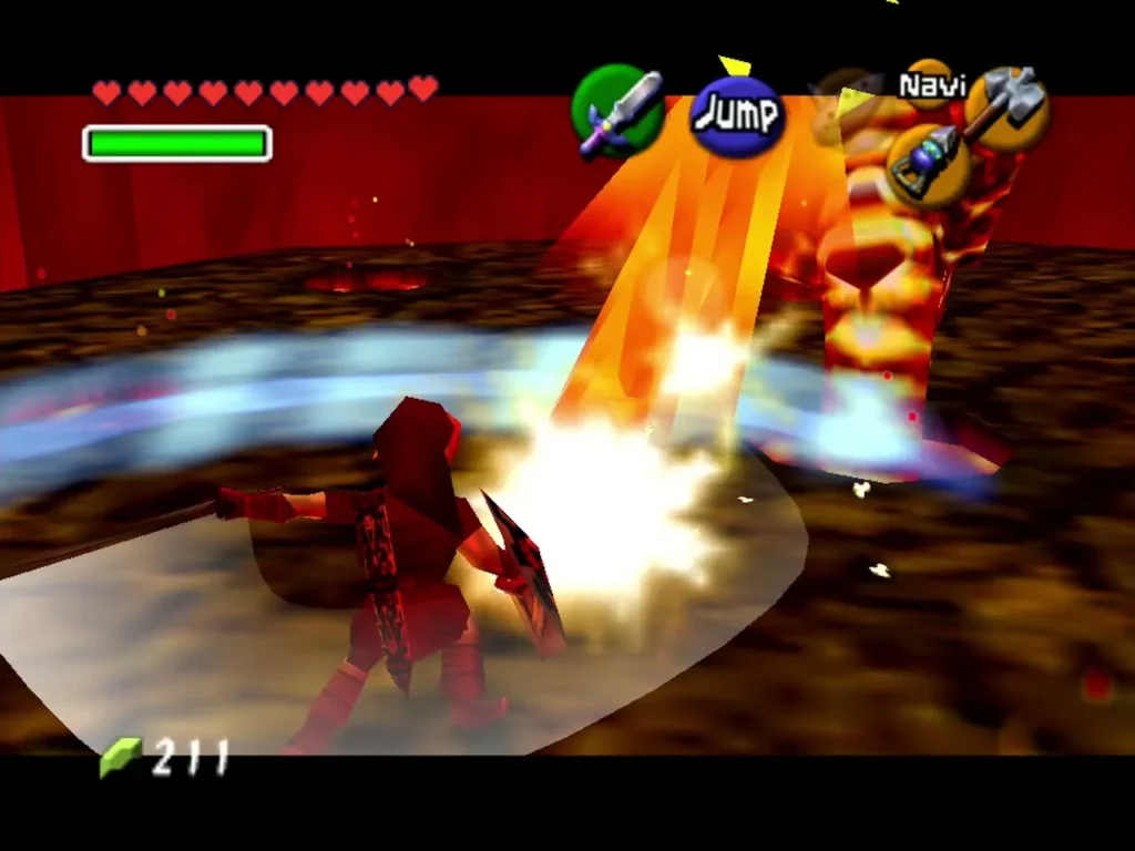Link slashing Volvagia with a spin attack in the lava arena