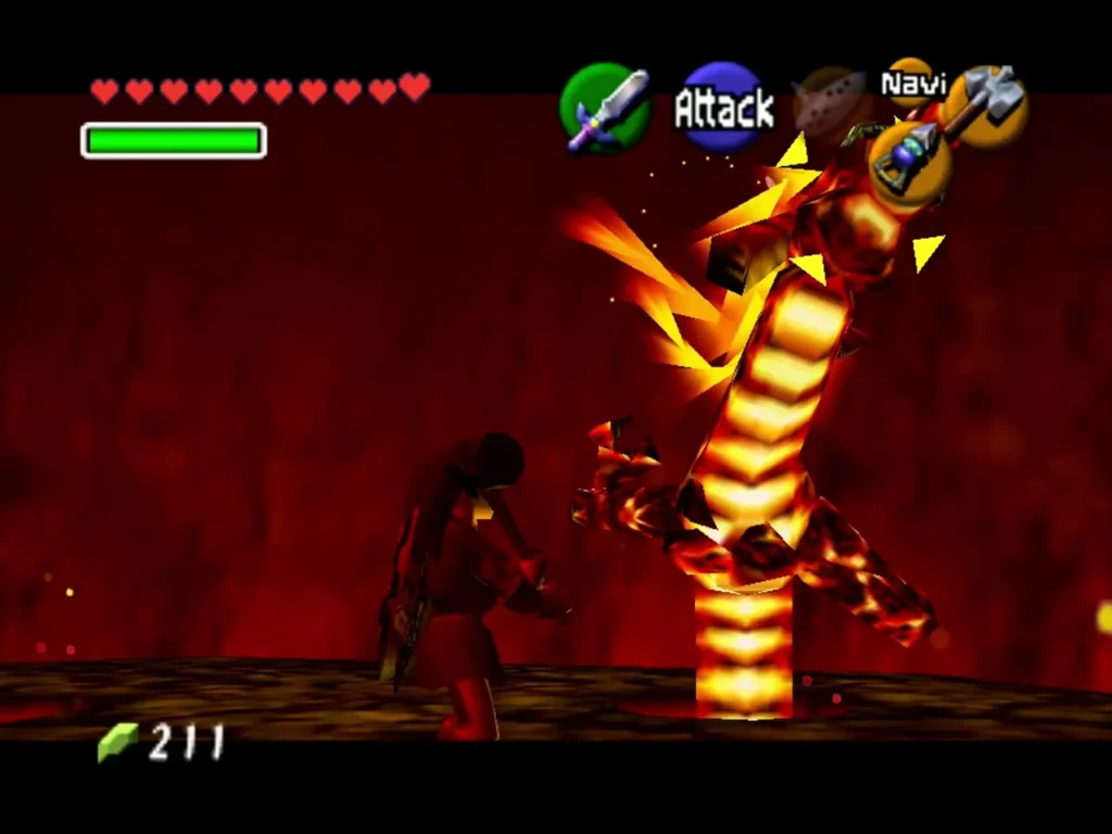 Link in a red tunic attacking Volvagia as it rises from the arena floor