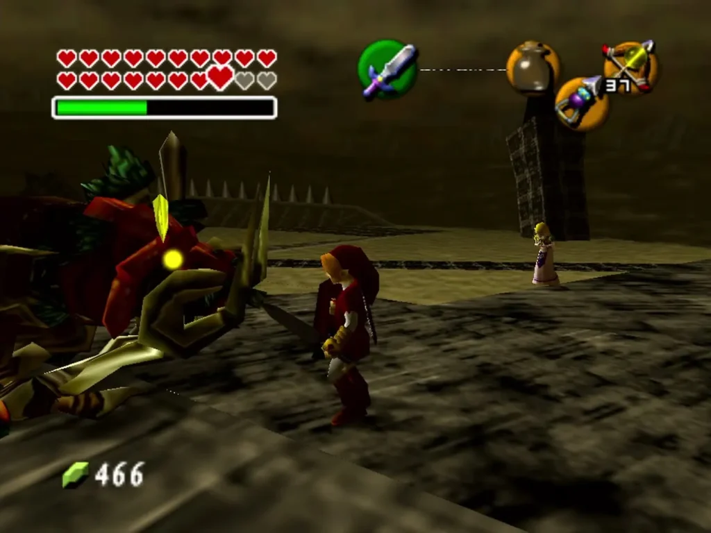 Link lunging at Ganon with the Master Sword while Zelda watches from behind