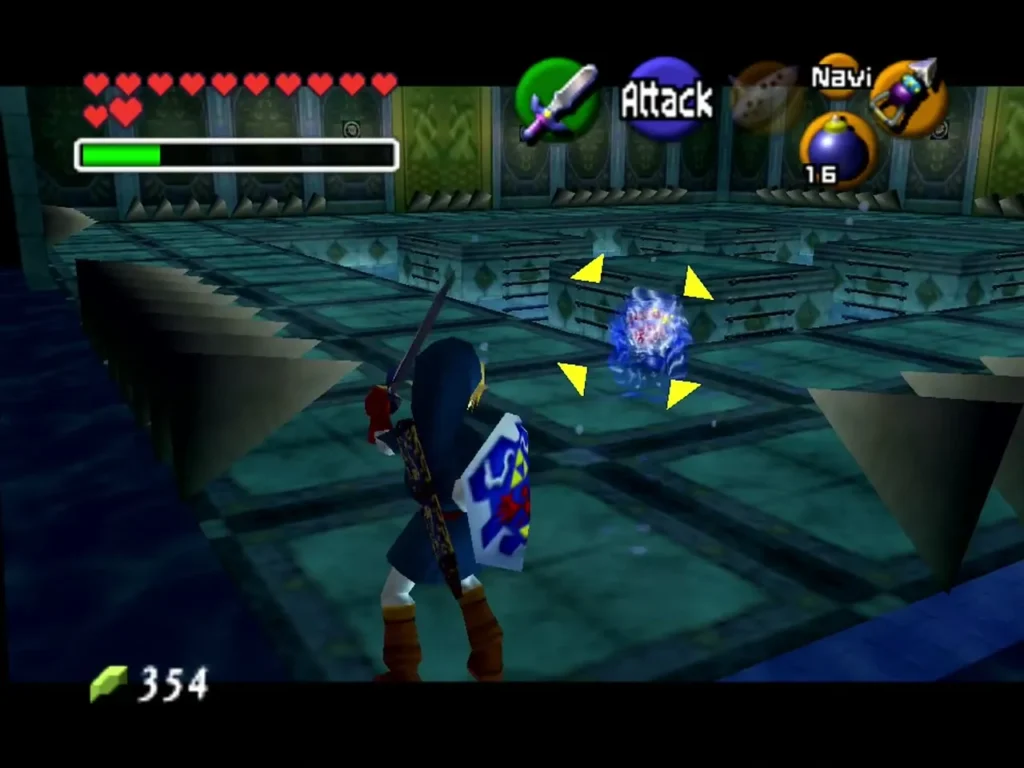 Link locked on to Morpha's glowing core in the Water Temple pool