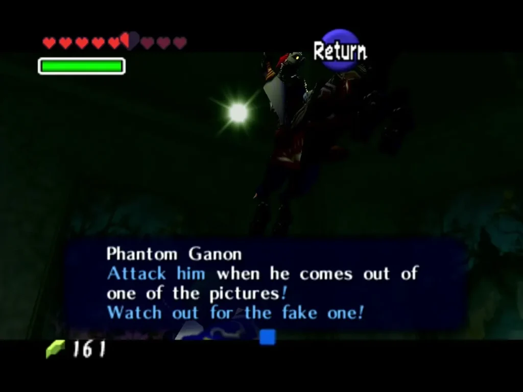 Phantom Ganon's full text box saying to attack him as he leaves a painting