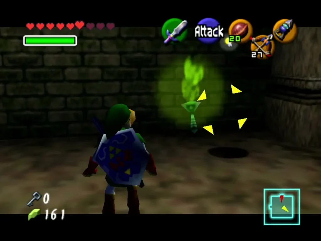 Link lining up an attack on Poe Amy, a green flame ghost, in a dim room
