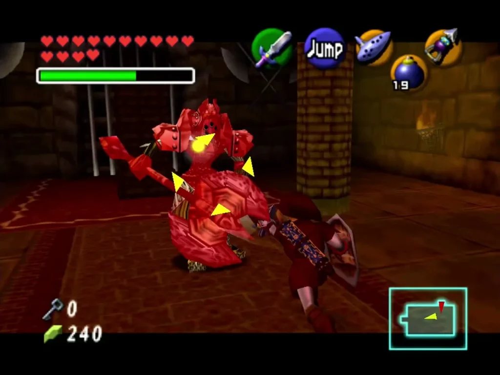 Link facing a red Iron Knuckle in a red-lit room