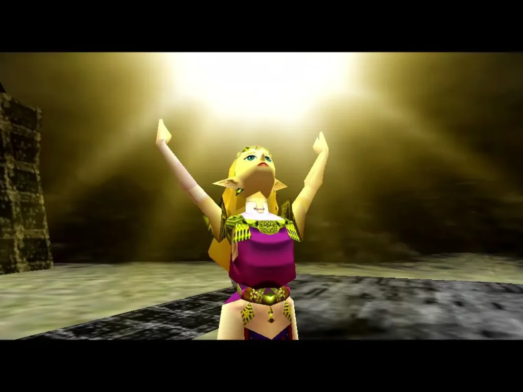 Zelda raising her arms in a blaze of light as the Sages seal Ganon