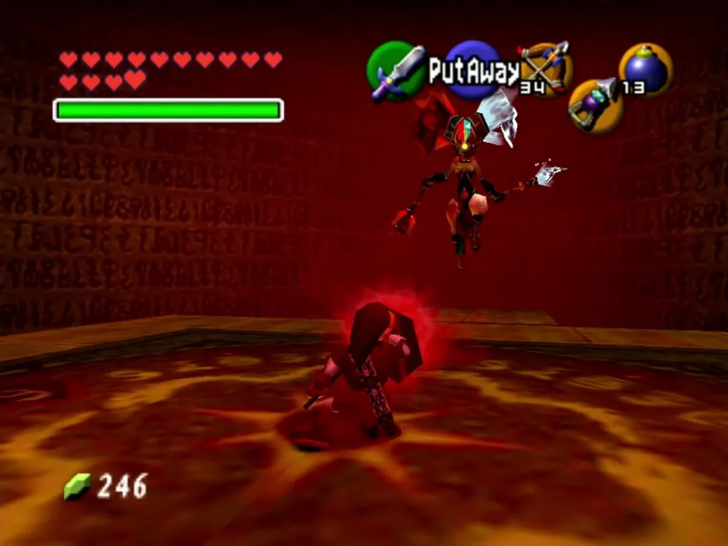 Red burst in the lava arena as Twinrova is defeated