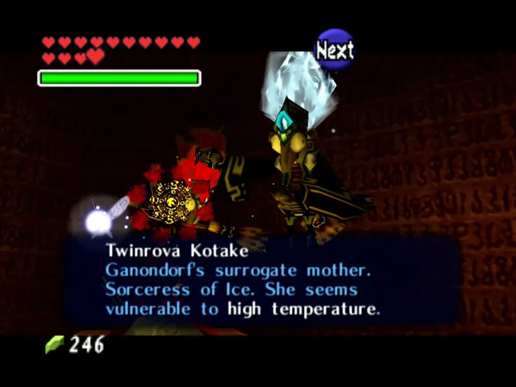 Name box for Twinrova Kotake, the sorceress of ice, in the lava arena