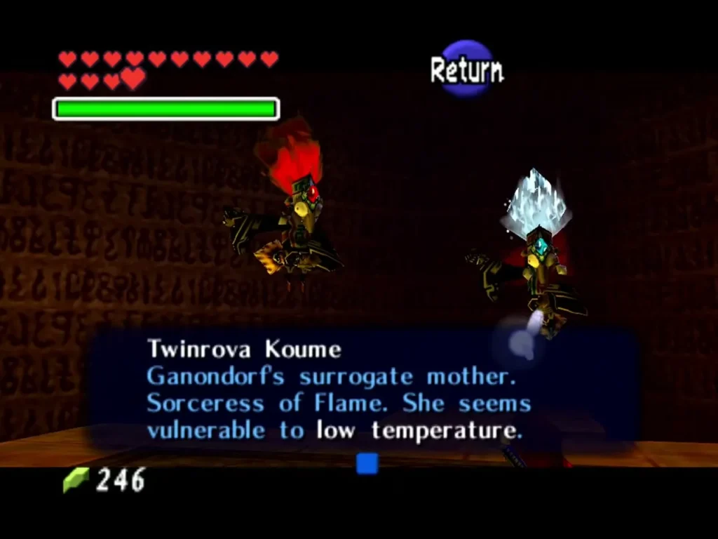 Name box for Twinrova Koume, the sorceress of flame, in the lava arena