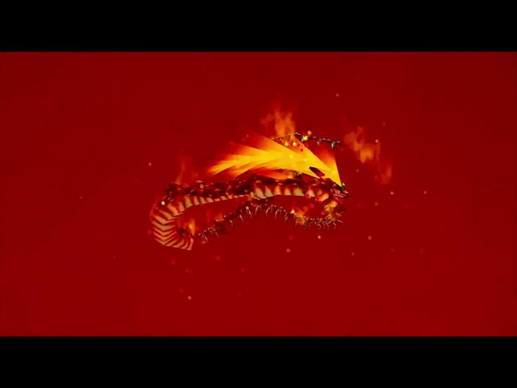 Volvagia writhing in flames as it is defeated in the lava arena