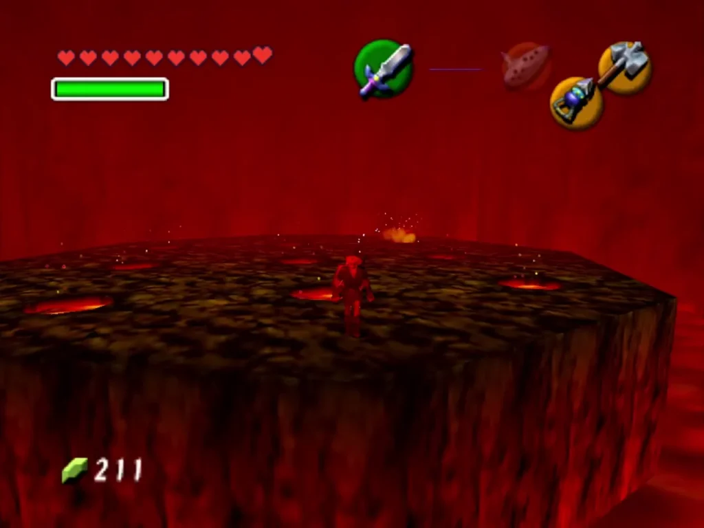 Link standing on a stone platform in the Volvagia lava arena