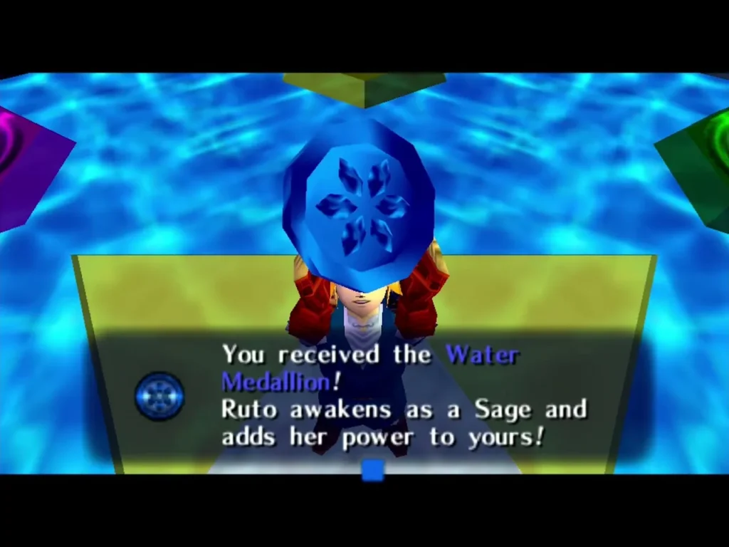 Link holding up the Water Medallion after Ruto becomes a Sage