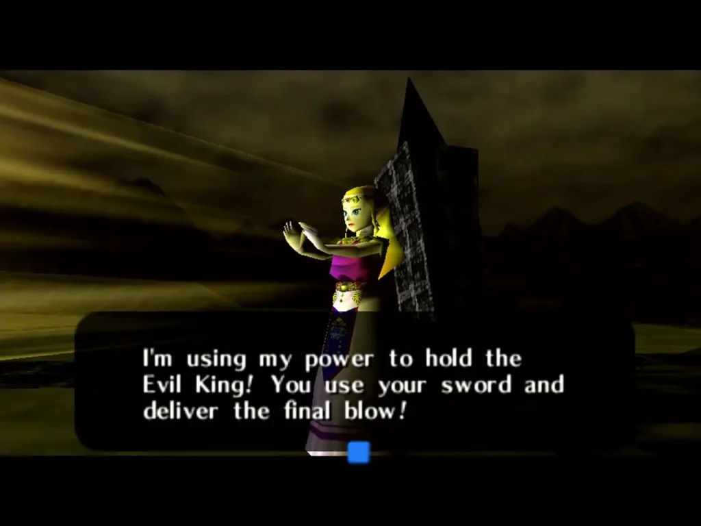 Zelda raising her hands to hold Ganon in place and urging Link to deliver the final blow