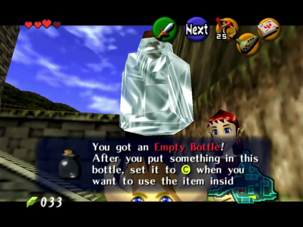 The Empty Bottle held up above Link with its item box fully shown at the Cucco pen The Empty Bottle held up above Link with its item box fully shown at the Cucco pen