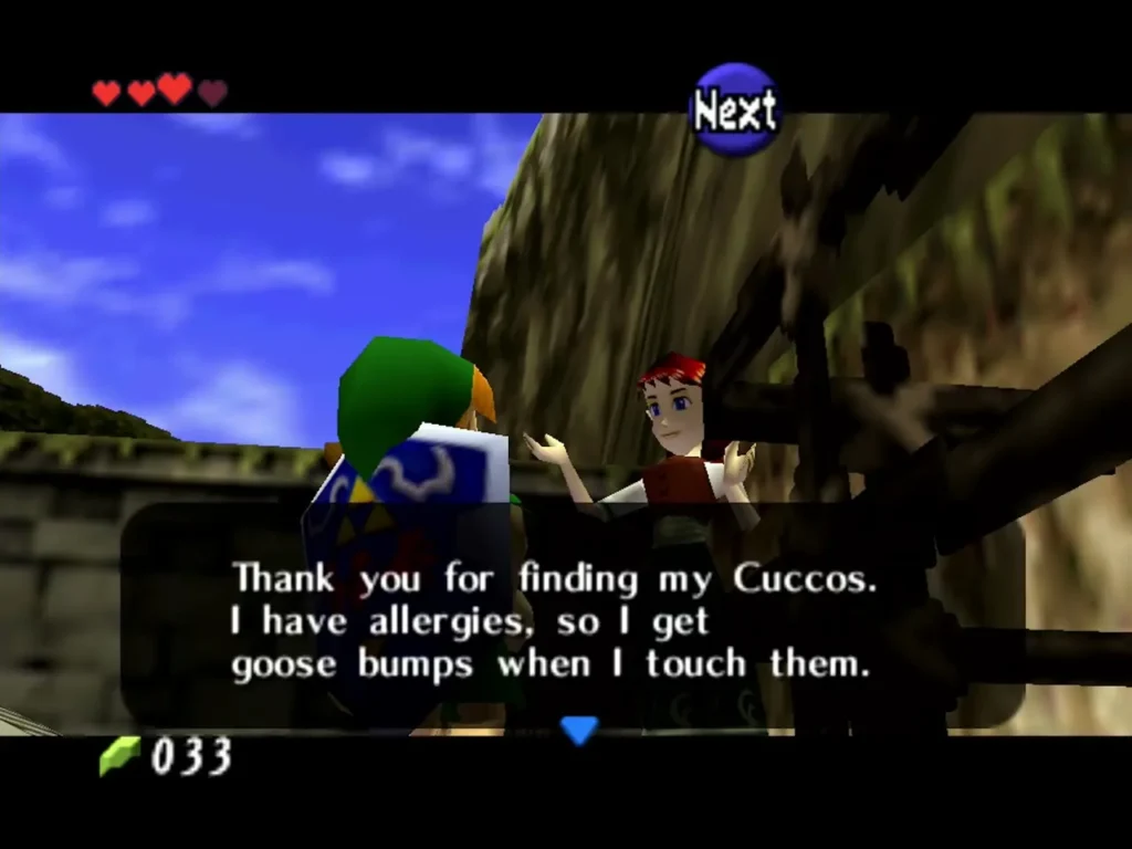 Anju thanking Link for finding her Cuccos at the village fence Anju thanking Link for finding her Cuccos at the village fence