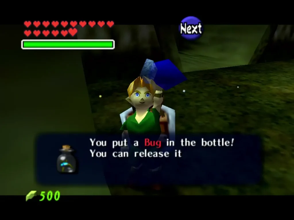 Link catching a Bug in a bottle in the Lost Woods with the bottle box on screen Link catching a Bug in a bottle in the Lost Woods with the bottle box on screen
