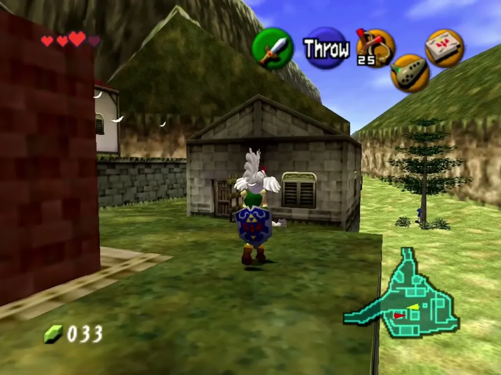 Link carrying a white Cucco past a stone house in Kakariko Village Link carrying a white Cucco past a stone house in Kakariko Village