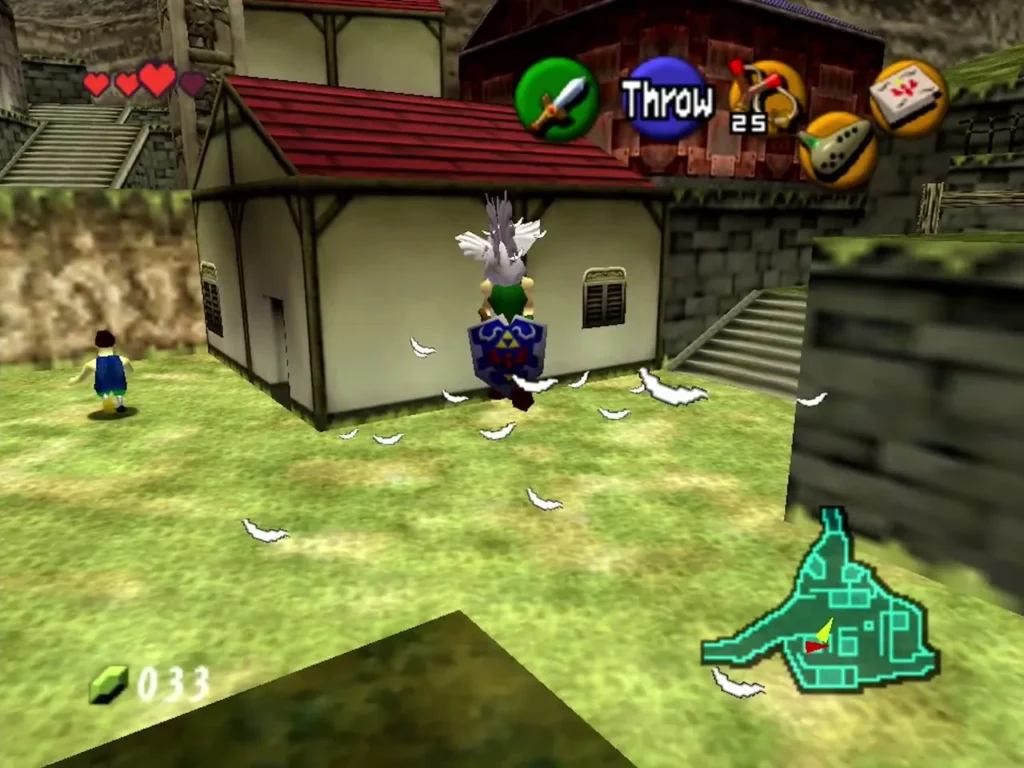 Link carrying a Cucco through Kakariko Village with feathers scattered on the grass Link carrying a Cucco through Kakariko Village with feathers scattered on the grass