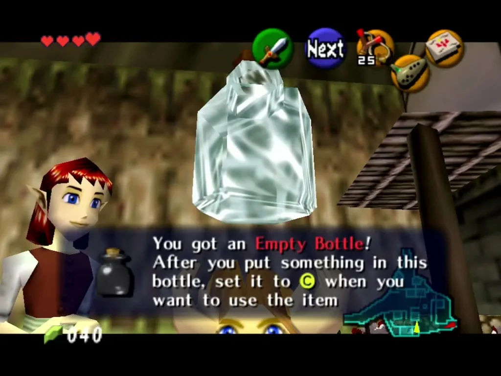 The Empty Bottle held up above Link with its item name box on screen The Empty Bottle held up above Link with its item name box on screen