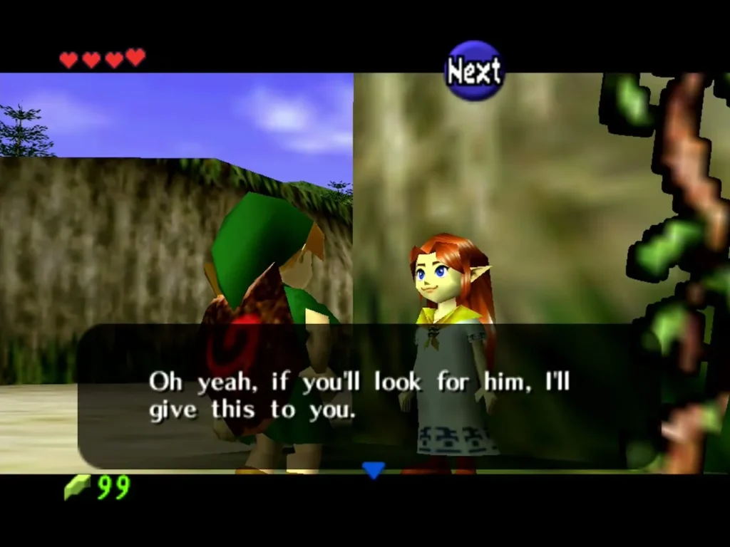 Malon beside the castle wall asking Link to look for her father Malon beside the castle wall asking Link to look for her father