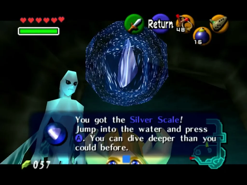 The Silver Scale glowing above a swirling water vortex with its item box on screen The Silver Scale glowing above a swirling water vortex with its item box on screen
