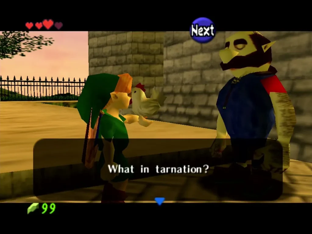 Talon speaking to Link beside the castle wall, saying What in tarnation Talon speaking to Link beside the castle wall, saying What in tarnation