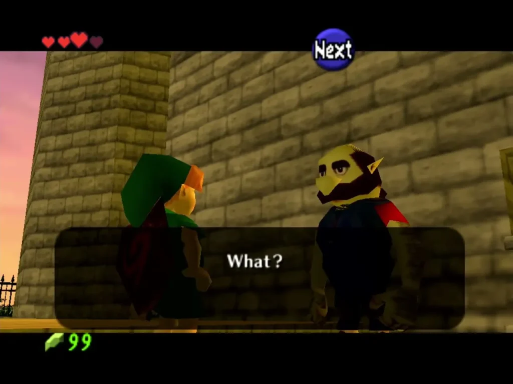 Talon scowling at Link beside the castle wall after being woken Talon scowling at Link beside the castle wall after being woken