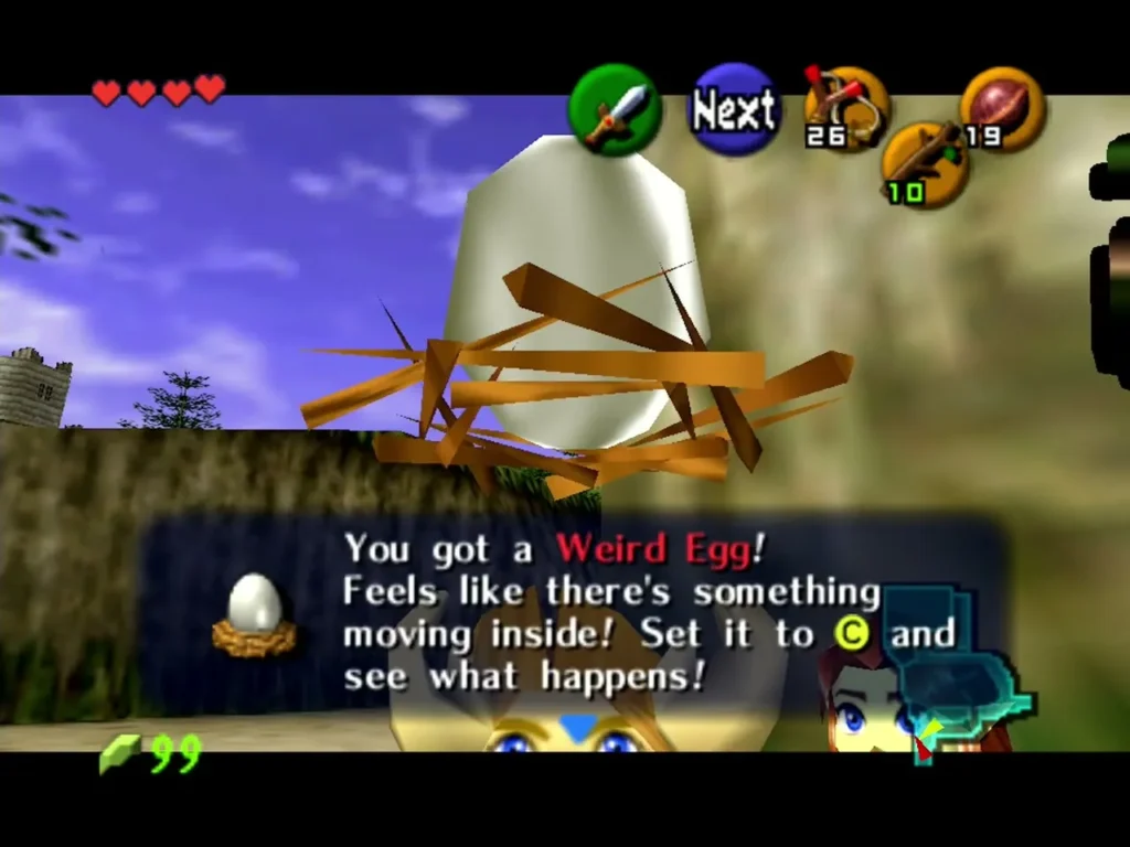 The Weird Egg resting in its nest of sticks with its item name box on screen The Weird Egg resting in its nest of sticks with its item name box on screen