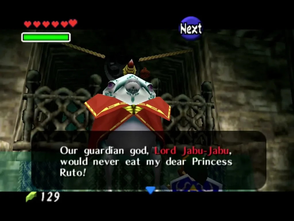Zora guardian at Lord Jabu-Jabu's throne saying the god would never eat Princess Ruto Zora guardian at Lord Jabu-Jabu's throne saying the god would never eat Princess Ruto