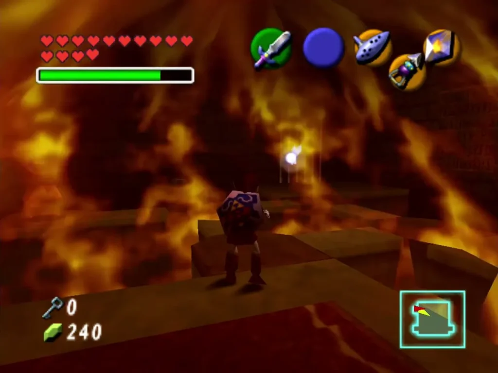 Link surrounded by flames in a Spirit Temple room