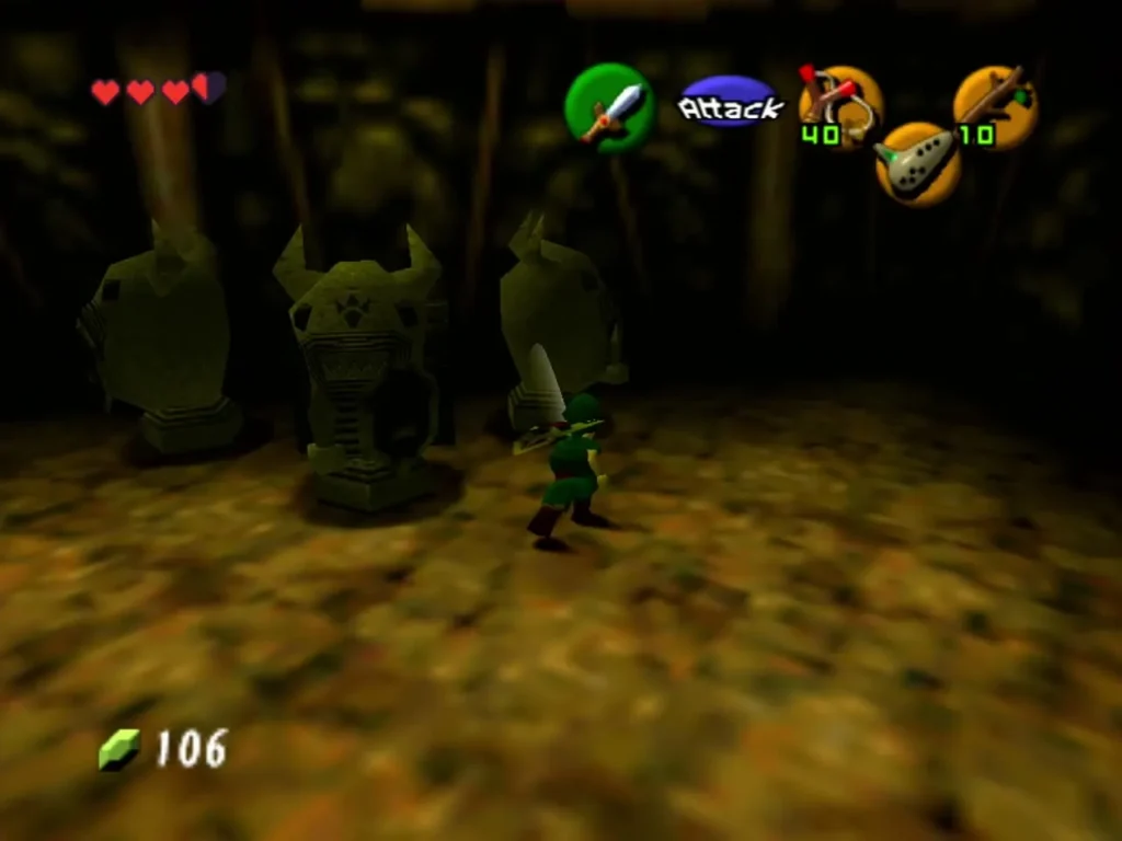 Three Armos statues standing in a dim hall of Dodongo's Cavern with Link nearby