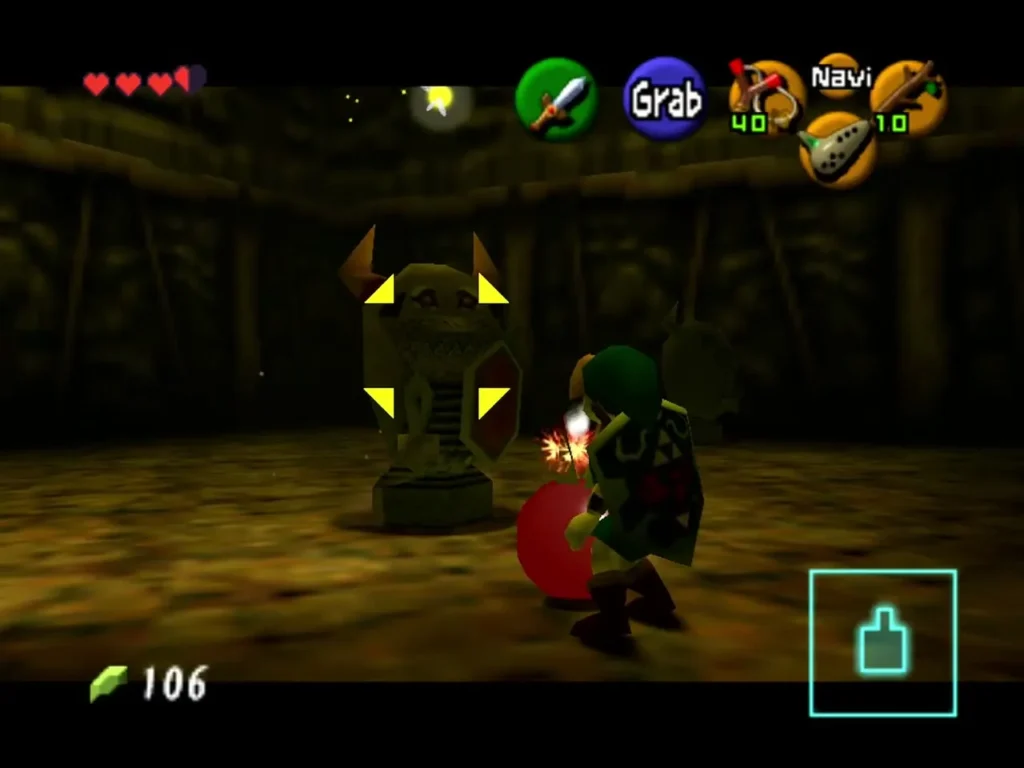 Link standing next to an Armos statue with yellow target markers on it