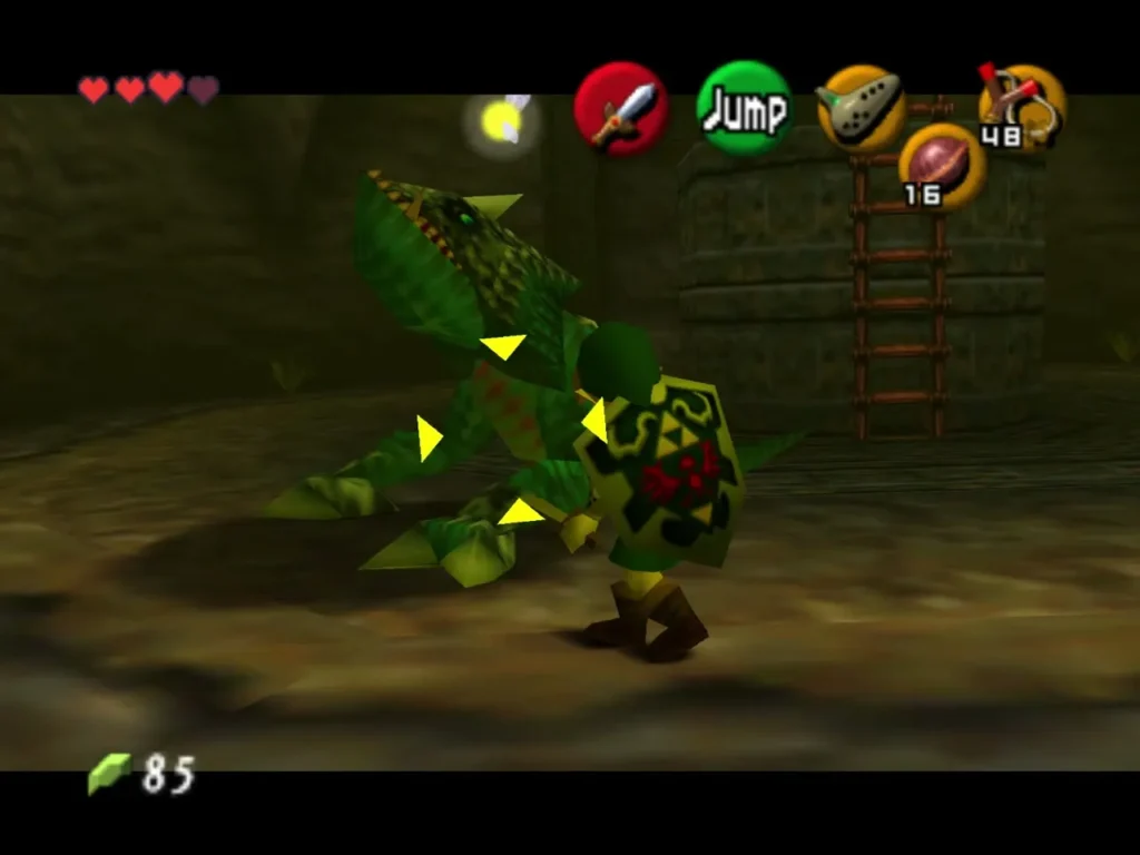 A green Dodongo lunging at Link in a dim cavern room