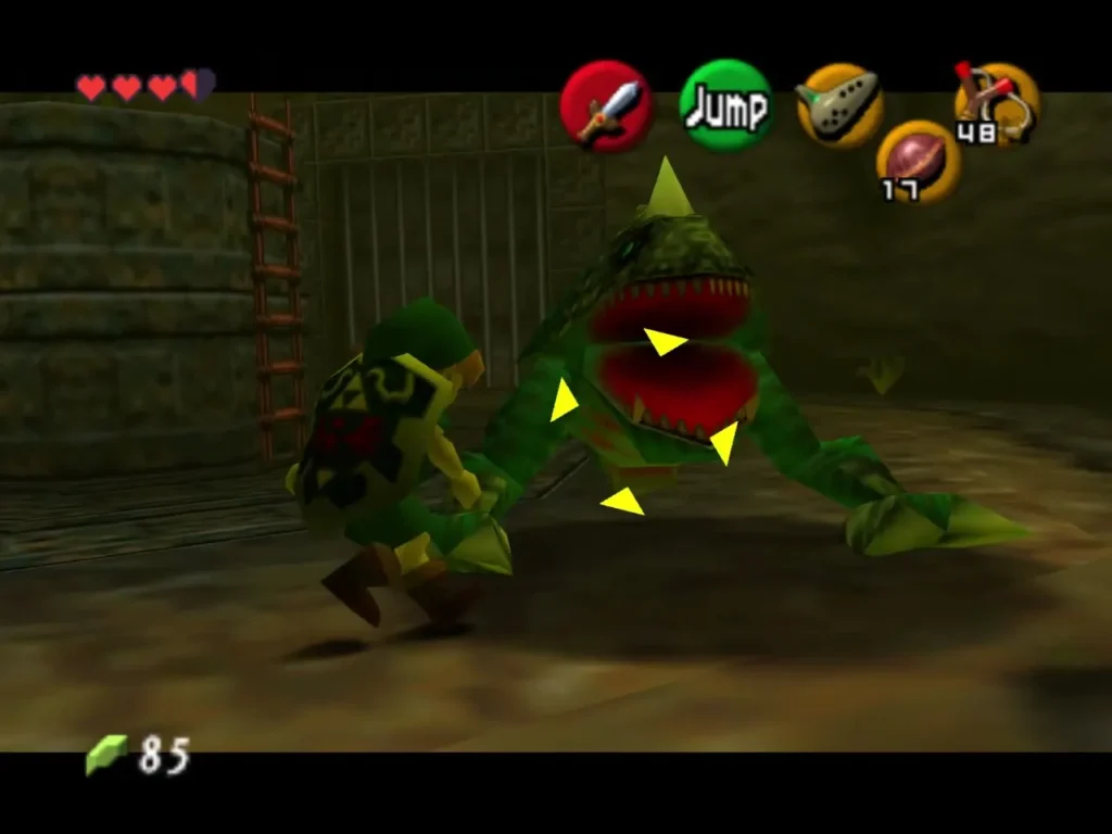 A green Dodongo with its red mouth wide open beside Link in Dodongo's Cavern