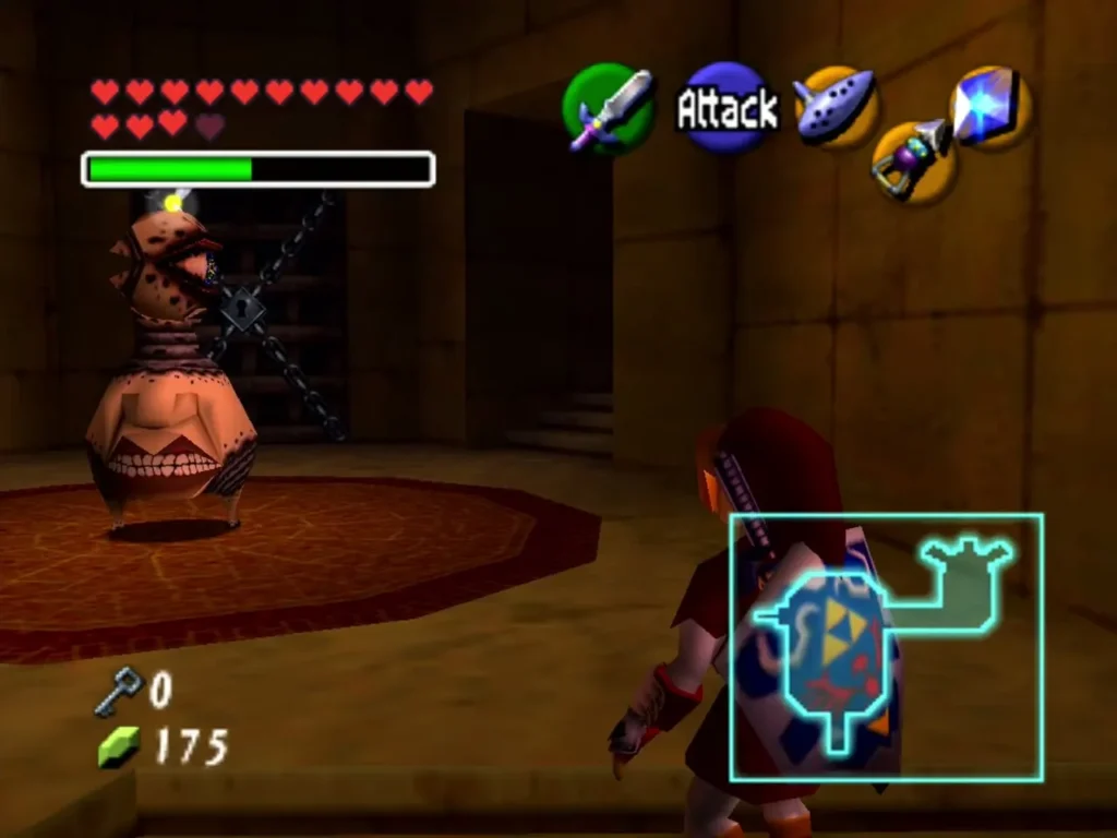 Beamos sentry standing in a Spirit Temple room as Link approaches