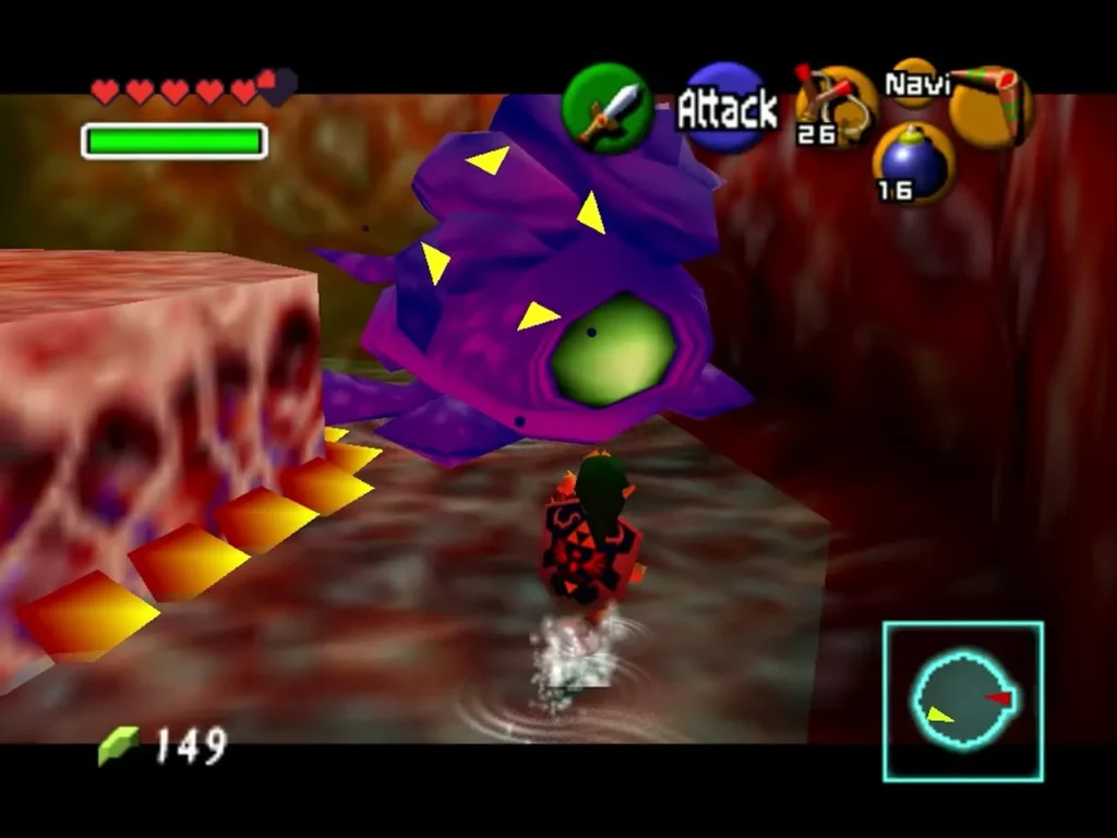 Purple Big Octo with its green eye beside Link on the round platform