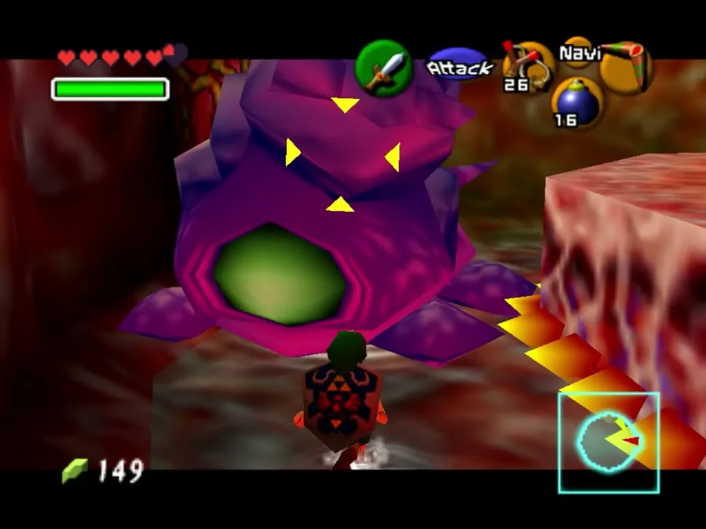 Purple Big Octo with a green eye rising beside Link in Jabu-Jabu's Belly