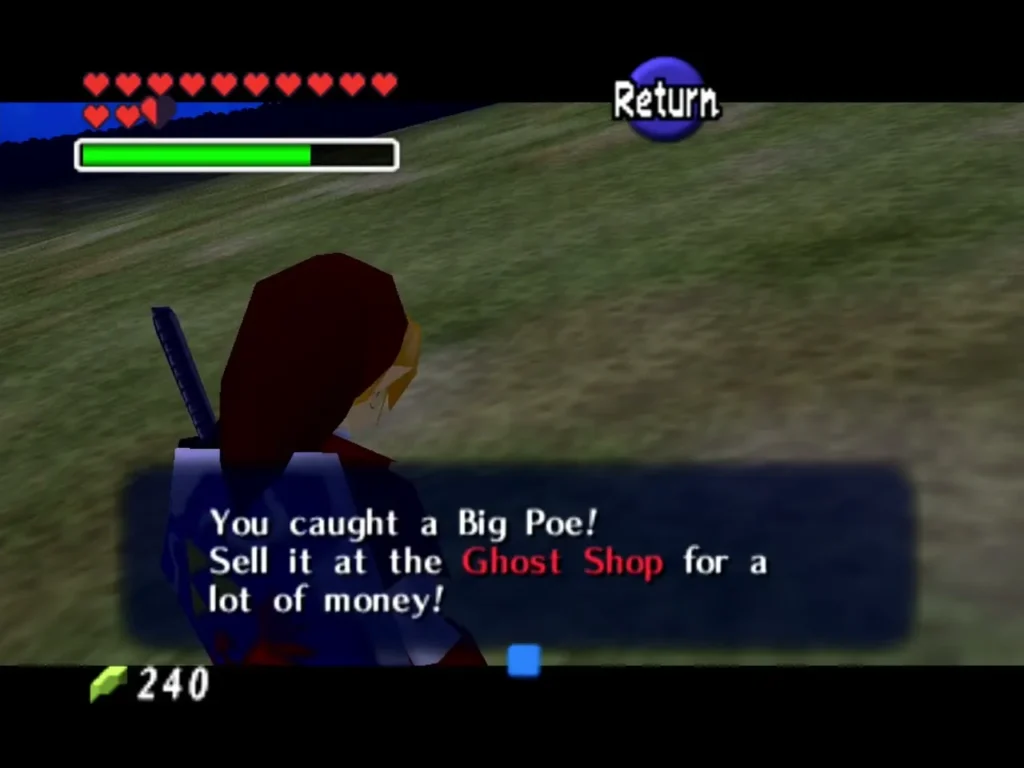 Link reading the box that says he caught a Big Poe and should sell it at the Ghost Shop