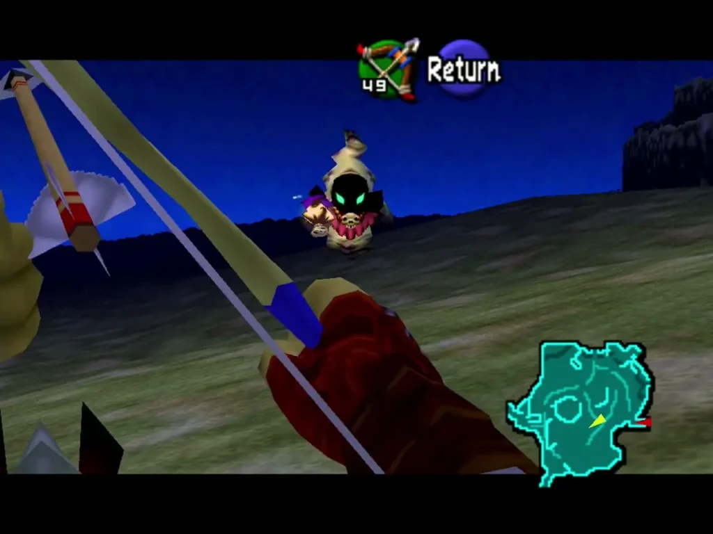 Adult Link aiming the Fairy Bow at a Big Poe in the night field