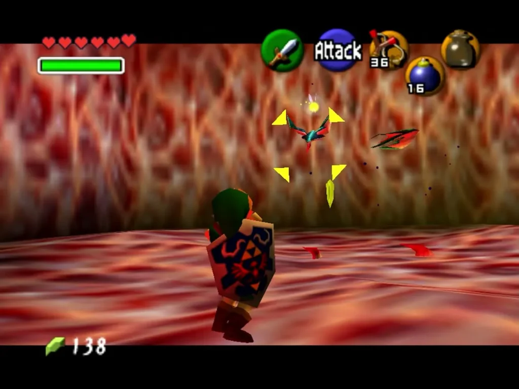 Link facing small red and teal jellyfish in the Jabu-Jabu's Belly corridor
