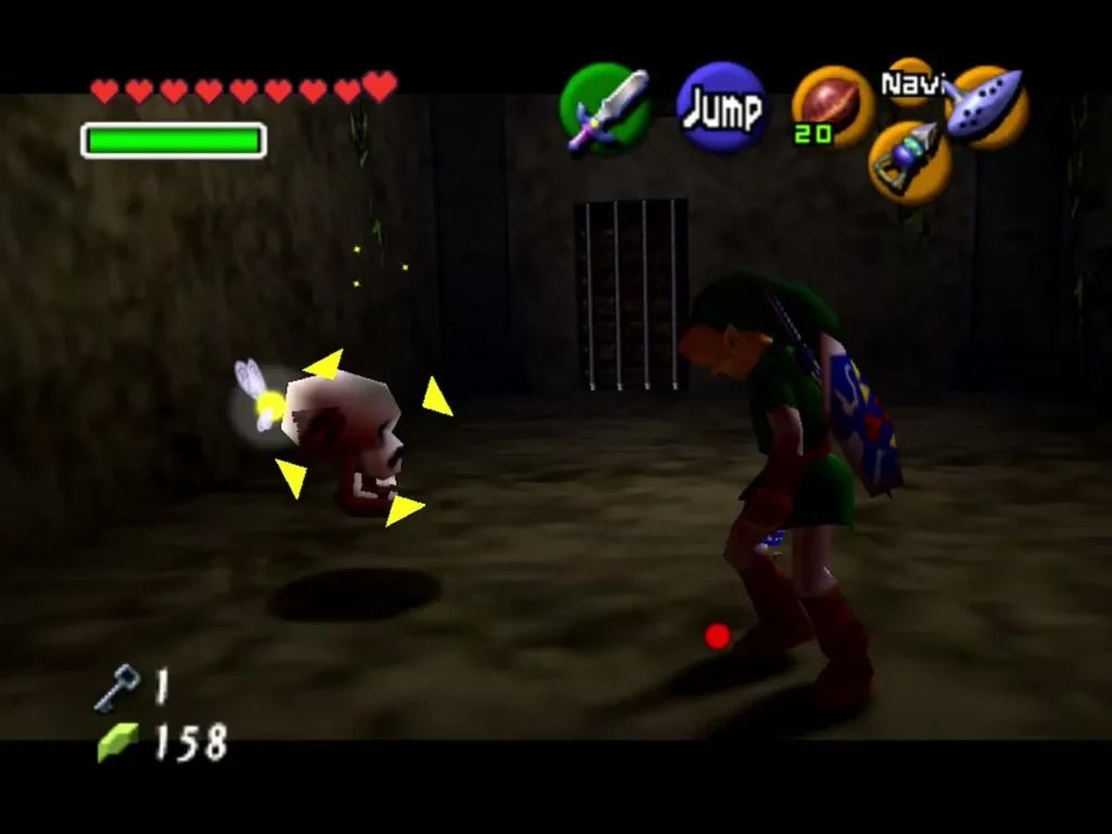 Link fighting a Blue Bubble skull in a small dungeon room