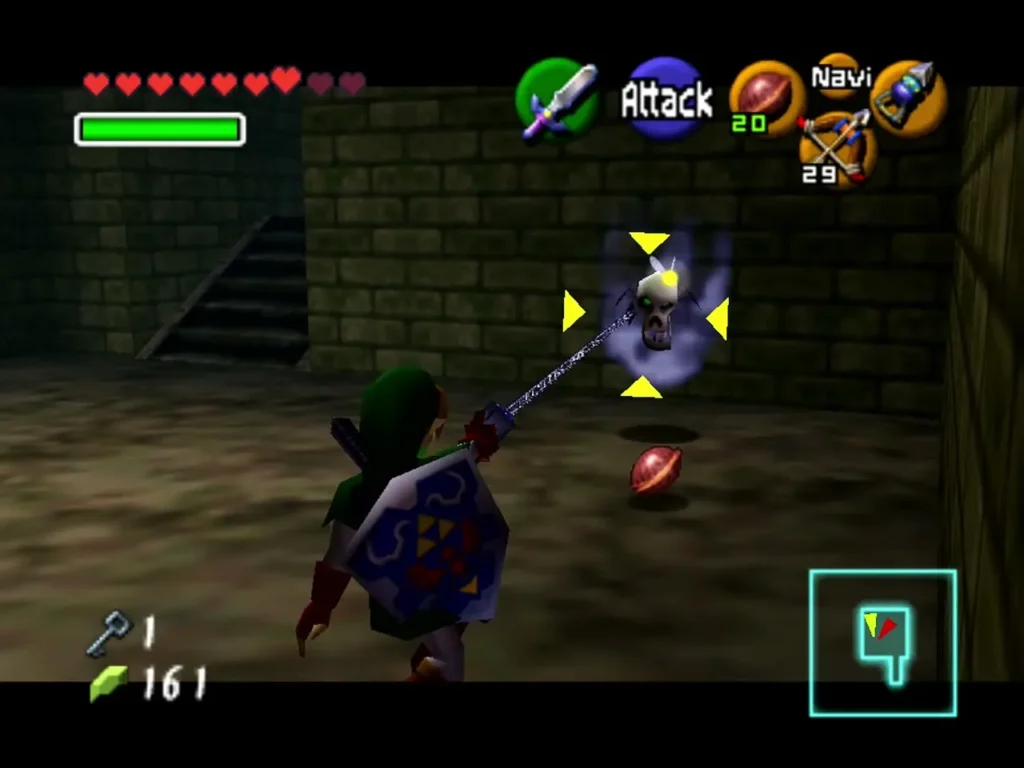 Link striking a Blue Bubble skull with his sword in a stone room