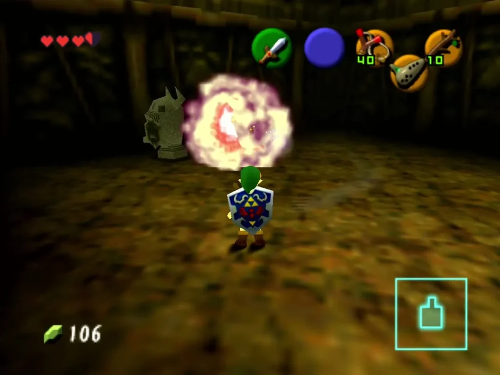 A Bomb exploding beside an Armos statue in Dodongo's Cavern