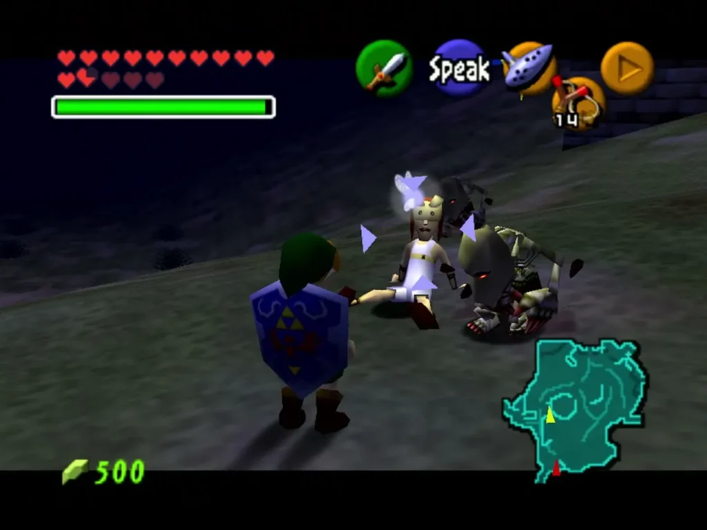 Child Link fighting a group of Stalchilds in Hyrule Field at night