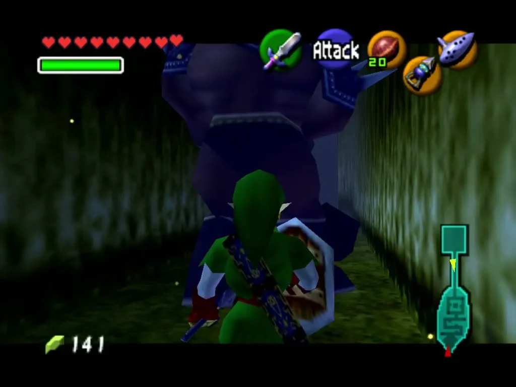 Link beside the huge Moblin in a narrow hedge corridor