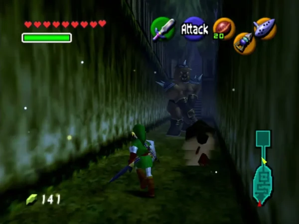 A large Moblin guarding a hedge corridor in the Sacred Forest Meadow as Link approaches