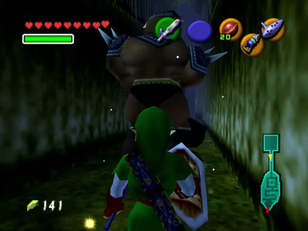 A huge Moblin towering over Link in the Sacred Forest Meadow maze
