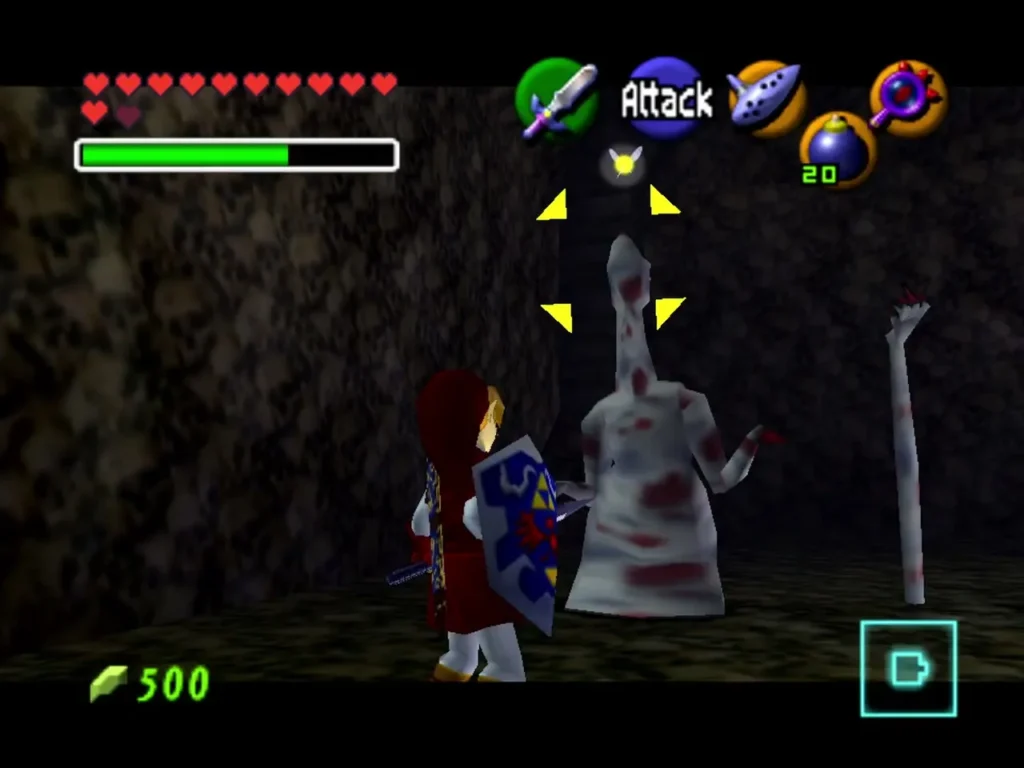 Link fighting the Dead Hand with sword and shield in a dark crypt