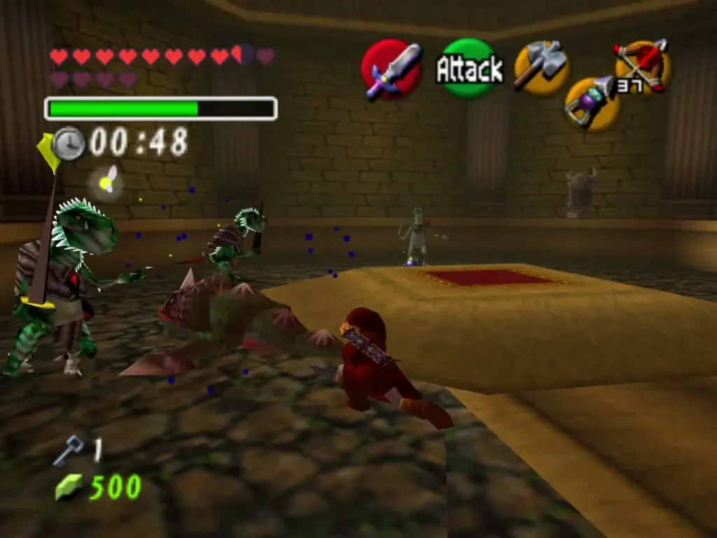 A Dinolfos lunging at Link while a Lizalfos waits behind it in a timed room