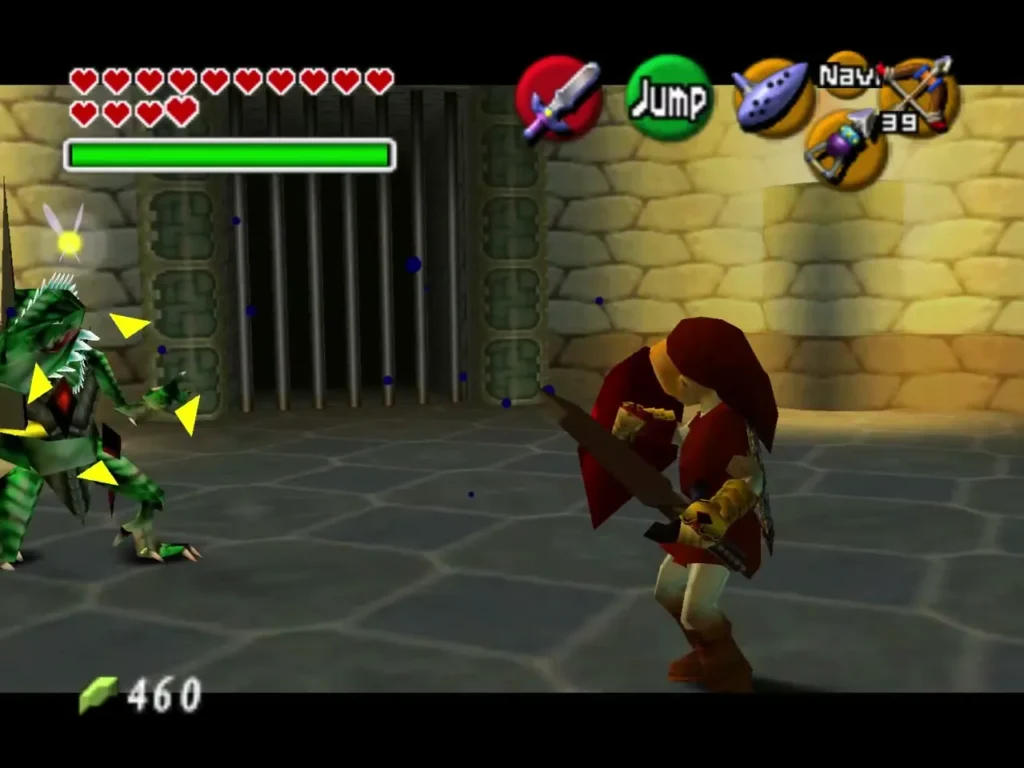 A Dinolfos approaching Link in front of a barred gate in Ganon's Castle